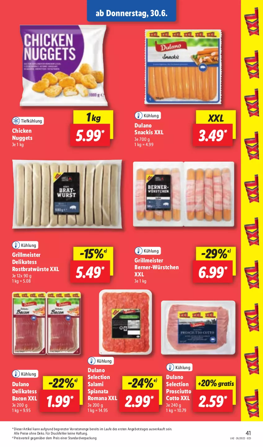 Aktueller Prospekt Lidl - Aktionsprospekt - von 27.06 bis 02.07.2022 - strona 41 - produkty: angebot, bacon, chicken nuggets, dulano, eis, grill, Meister, nuggets, preisvorteil, prosciutto, prosciutto cotto, reis, salami, snack, Ti, würstchen, ZTE