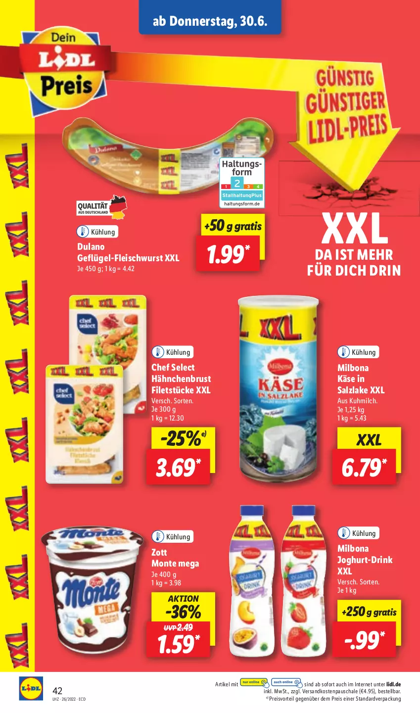 Aktueller Prospekt Lidl - Aktionsprospekt - von 27.06 bis 02.07.2022 - strona 42 - produkty: Bona, drink, dulano, eis, filet, filets, fleisch, fleischwurst, Geflügel, Geflügel-Fleischwurst, hähnchenbrust, joghur, joghurt, Käse, Milbona, milch, monte, ndk, preisvorteil, reis, salz, Schal, Schale, Ti, wurst, zott, Zott Monte