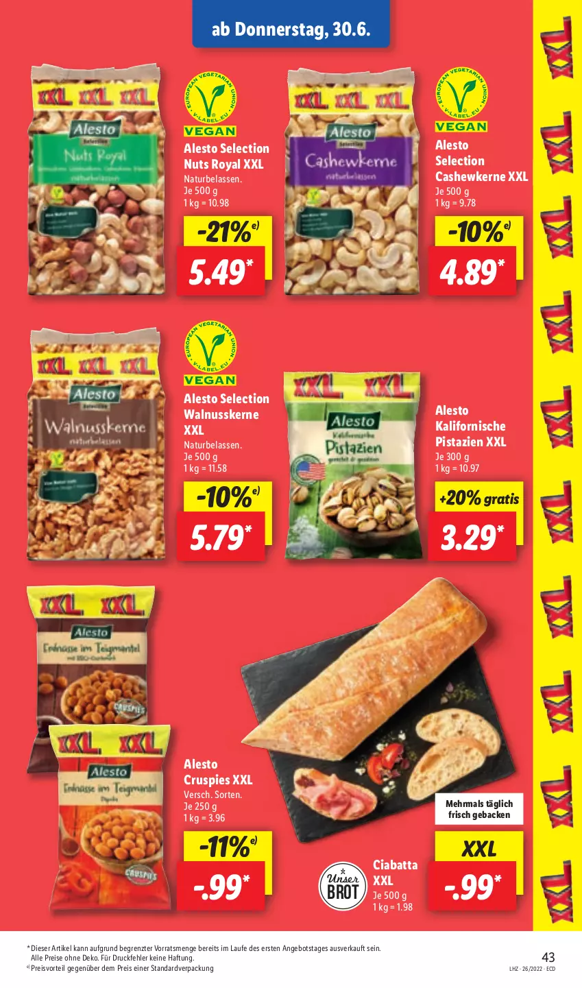 Aktueller Prospekt Lidl - Aktionsprospekt - von 27.06 bis 02.07.2022 - strona 43 - produkty: alesto, angebot, brot, Cashew, cashewkerne, ciabatta, eis, geback, natur, nuss, pistazien, preisvorteil, reis, Ti, walnuss, walnusskerne, ZTE