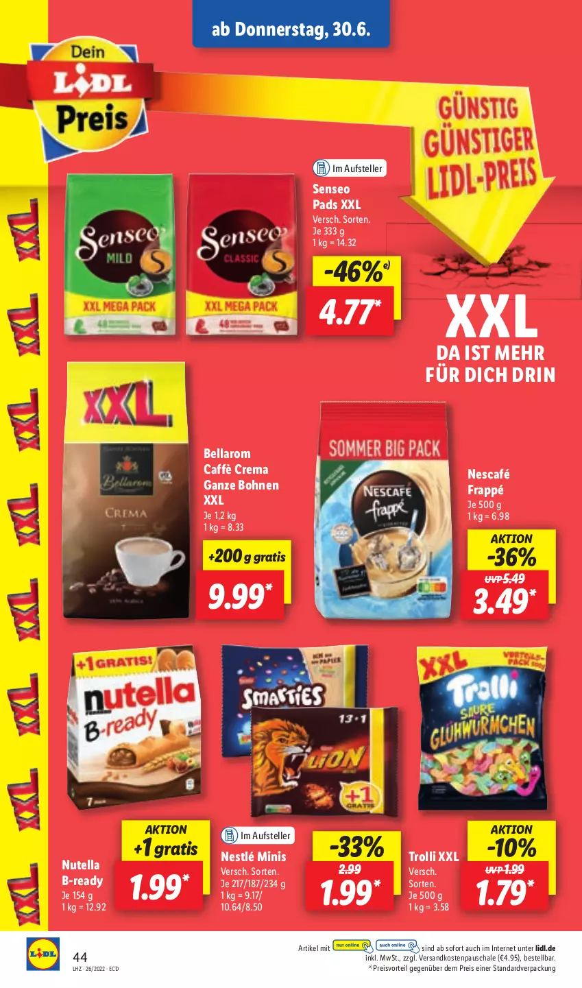 Aktueller Prospekt Lidl - Aktionsprospekt - von 27.06 bis 02.07.2022 - strona 44 - produkty: bohne, bohnen, caffè crema, eis, elle, frappé, ndk, Nescafé, nestlé, nutella, preisvorteil, reis, Schal, Schale, senseo, senseo pads, teller, Ti, trolli