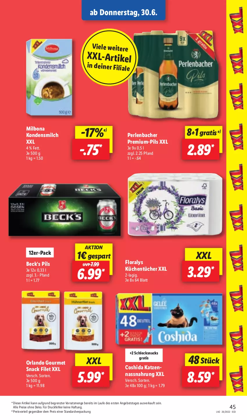 Aktueller Prospekt Lidl - Aktionsprospekt - von 27.06 bis 02.07.2022 - strona 45 - produkty: angebot, Bona, Coshida, eis, filet, Floralys, kondensmilch, küche, Küchen, küchentücher, Milbona, milch, Nassnahrung, perlen, pils, preisvorteil, reis, snack, snacks, Ti, tücher, ZTE