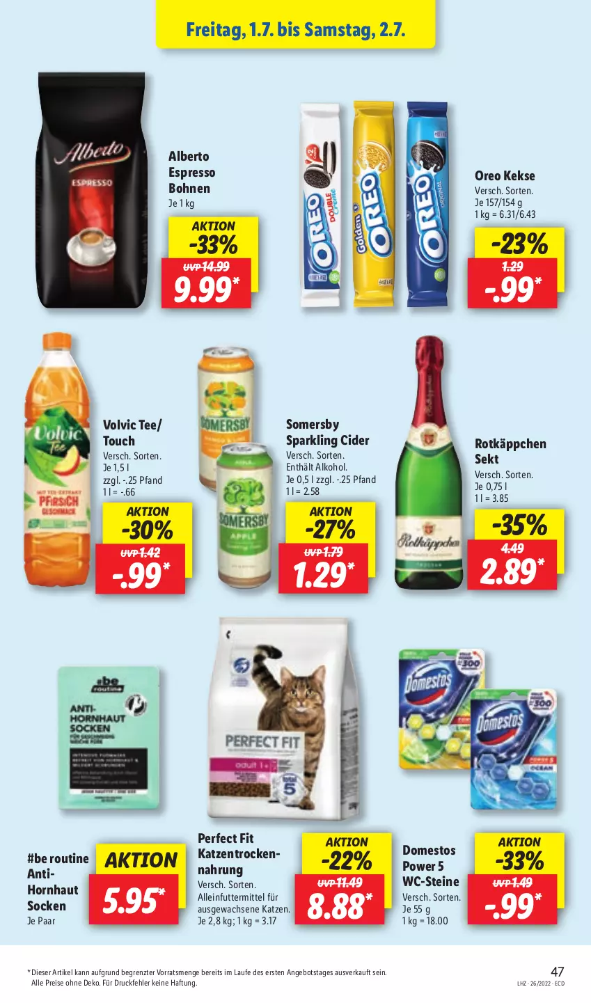 Aktueller Prospekt Lidl - Aktionsprospekt - von 27.06 bis 02.07.2022 - strona 47 - produkty: alkohol, alleinfuttermittel, angebot, bohne, bohnen, cider, domestos, eis, espresso, keks, kekse, oreo, Perfect Fit, reis, rotkäppchen, sekt, socken, somersby, tee, Ti, Trockennahrung, volvic, WC-Steine, ZTE