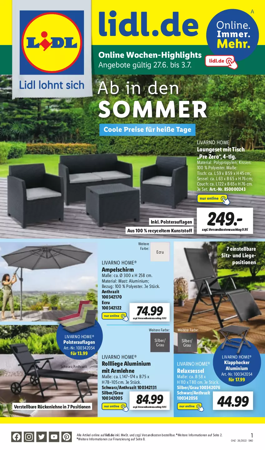 Aktueller Prospekt Lidl - Aktionsprospekt - von 27.06 bis 02.07.2022 - strona 48 - produkty: ampelschirm, angebot, angebote, Couch, eis, hocker, kissen, LG, Liege, loungeset, ndk, reis, rel, relaxsessel, Ria, rückenlehne, sessel, Ti, tisch