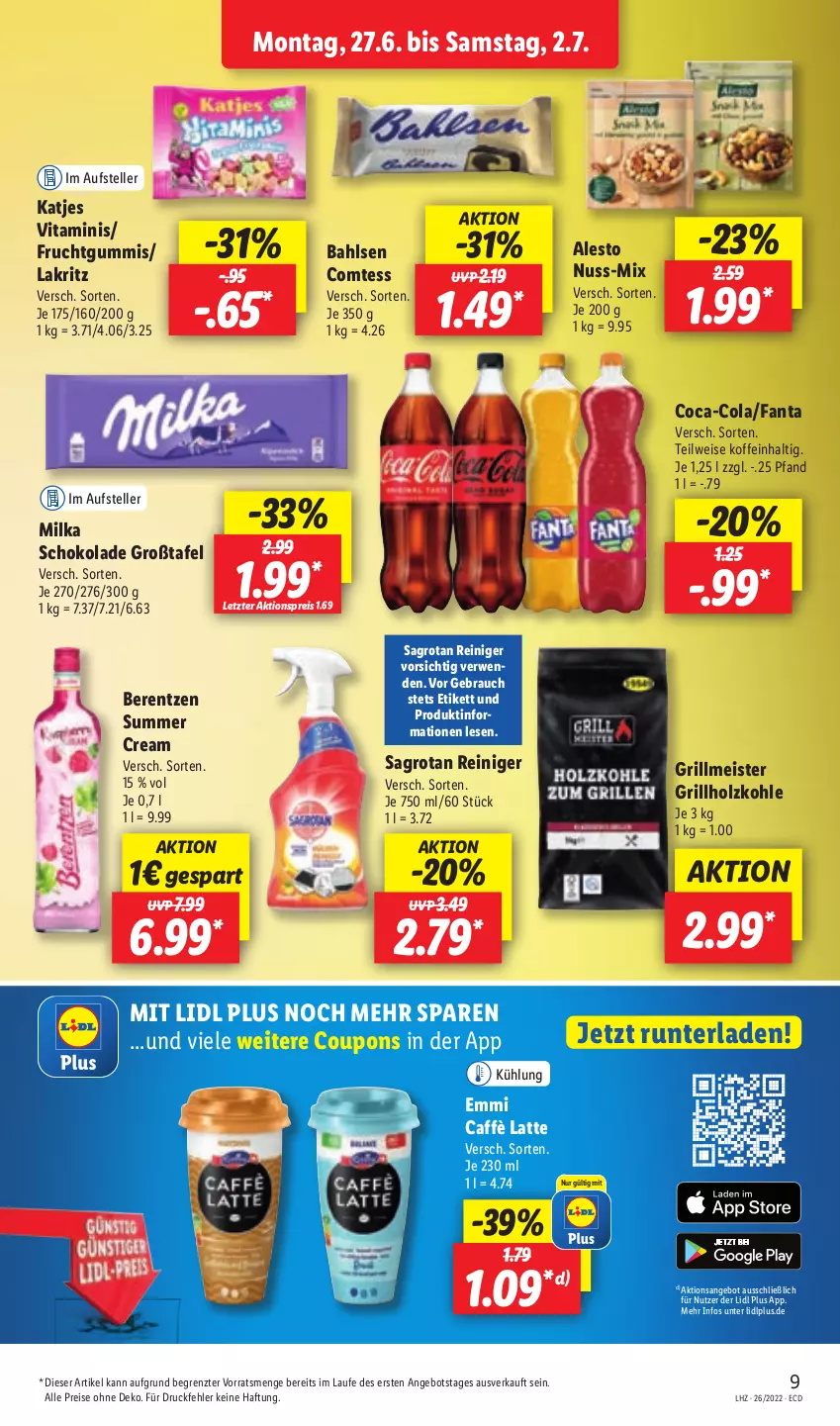 Aktueller Prospekt Lidl - Aktionsprospekt - von 27.06 bis 02.07.2022 - strona 9 - produkty: aktionspreis, alesto, angebot, bahlsen, berentzen, caffè latte, coca-cola, cola, comtess, coupon, coupons, eis, elle, emmi, fanta, frucht, fruchtgummi, fruchtgummis, grill, grillholzkohle, Holz, holzkohle, katjes, Lakritz, latte, Meister, milka, milka schokolade, nuss, Rauch, reiniger, reis, rwe, sagrotan, schoko, schokolade, teller, Ti, vita, ZTE