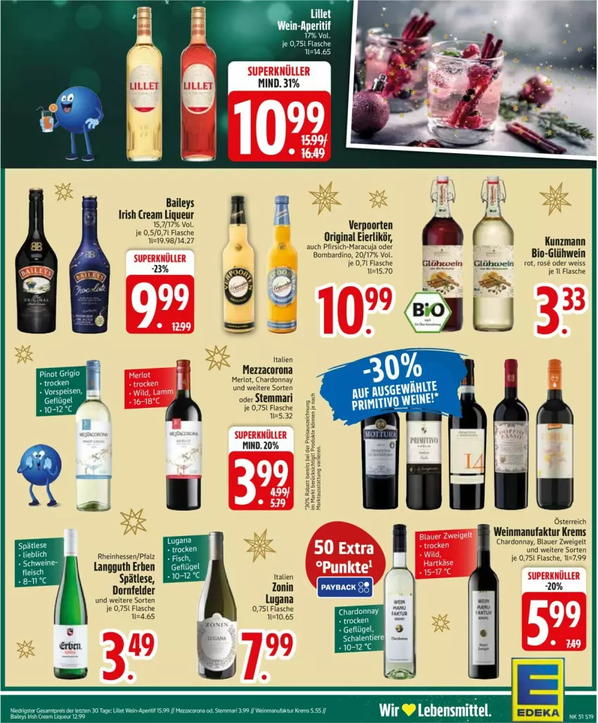 Aktueller Prospekt Edeka - Prospekte - von 15.12 bis 20.12.2025 - strona 21 - produkty: auer, baileys, bio, blauer zweigelt, chardonnay, corona, deka, dornfelder, eier, eierlikör, eis, Faktu, flasche, Geflügel, gin, Glühwein, irish cream, likör, liqueur, maracuja, merl, merlot, mezzacorona, pfirsich, Pinot, pinot grigio, schwein, schweine, verpoorten, vorspeise, wein, weine, zonin, Zweigelt