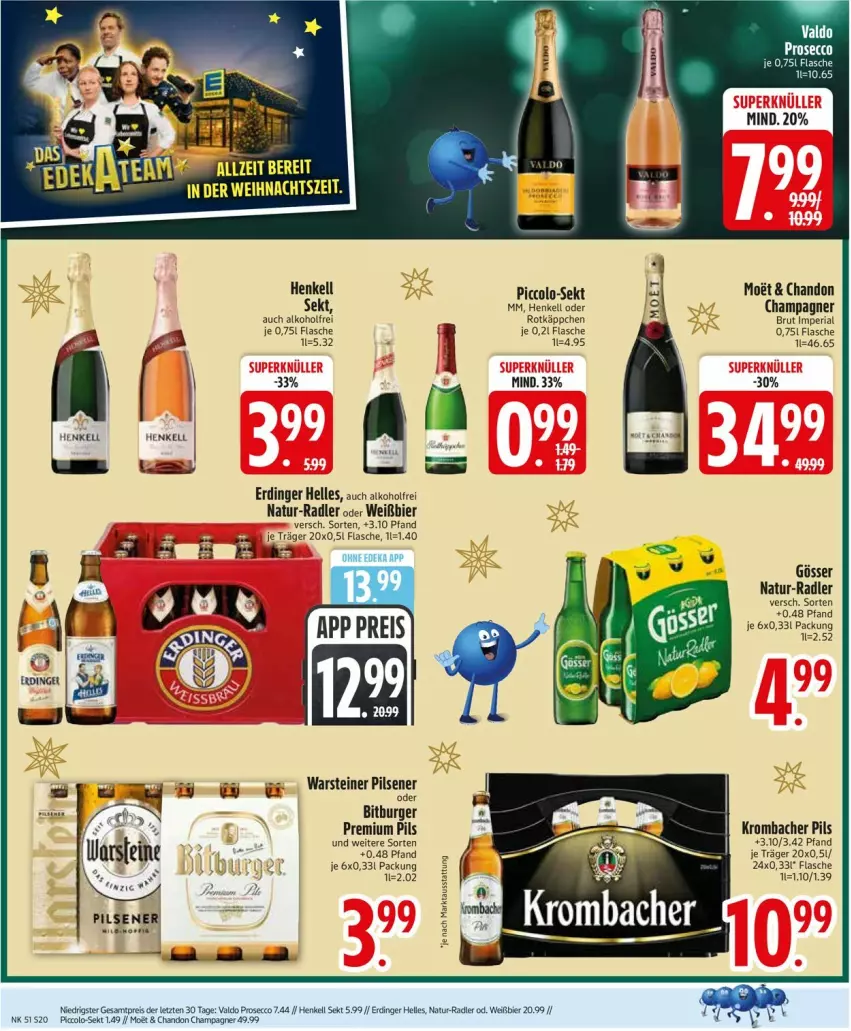 Aktueller Prospekt Edeka - Prospekte - von 15.12 bis 20.12.2025 - strona 22 - produkty: alkohol, bier, bitburger, brut, burger, champagne, champagner, deka, ecco, eis, elle, erdinger, flasche, gösser, henkel, henkell, henkell sekt, krombache, krombacher, krombacher pils, natur, pils, pilsener, premium pils, prosecco, radler, reis, Ria, rotkäppchen, sekt, steiner, Ti, valdo, warsteiner, ZTE
