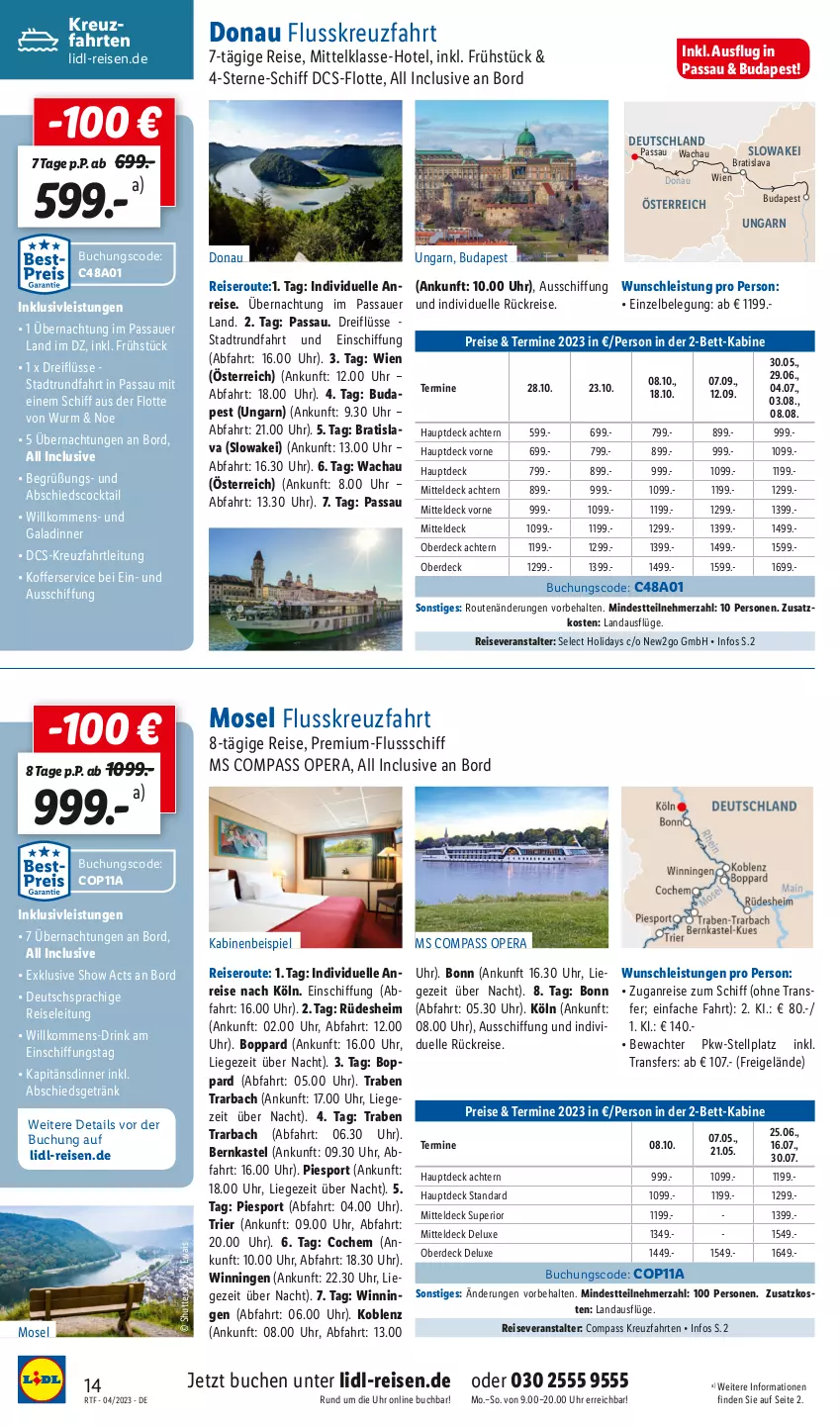 Aktueller Prospekt Lidl - Themenflyer April 2023 - von 12.04 bis 30.04.2023 - strona 14 - produkty: auer, bett, buch, cocktail, deutschsprachige reiseleitung, drink, eis, elle, erde, getränk, inklusivleistungen, koffer, kreuzfahrten, Liege, reis, reiseveranstalter, Sport, Ti, uhr