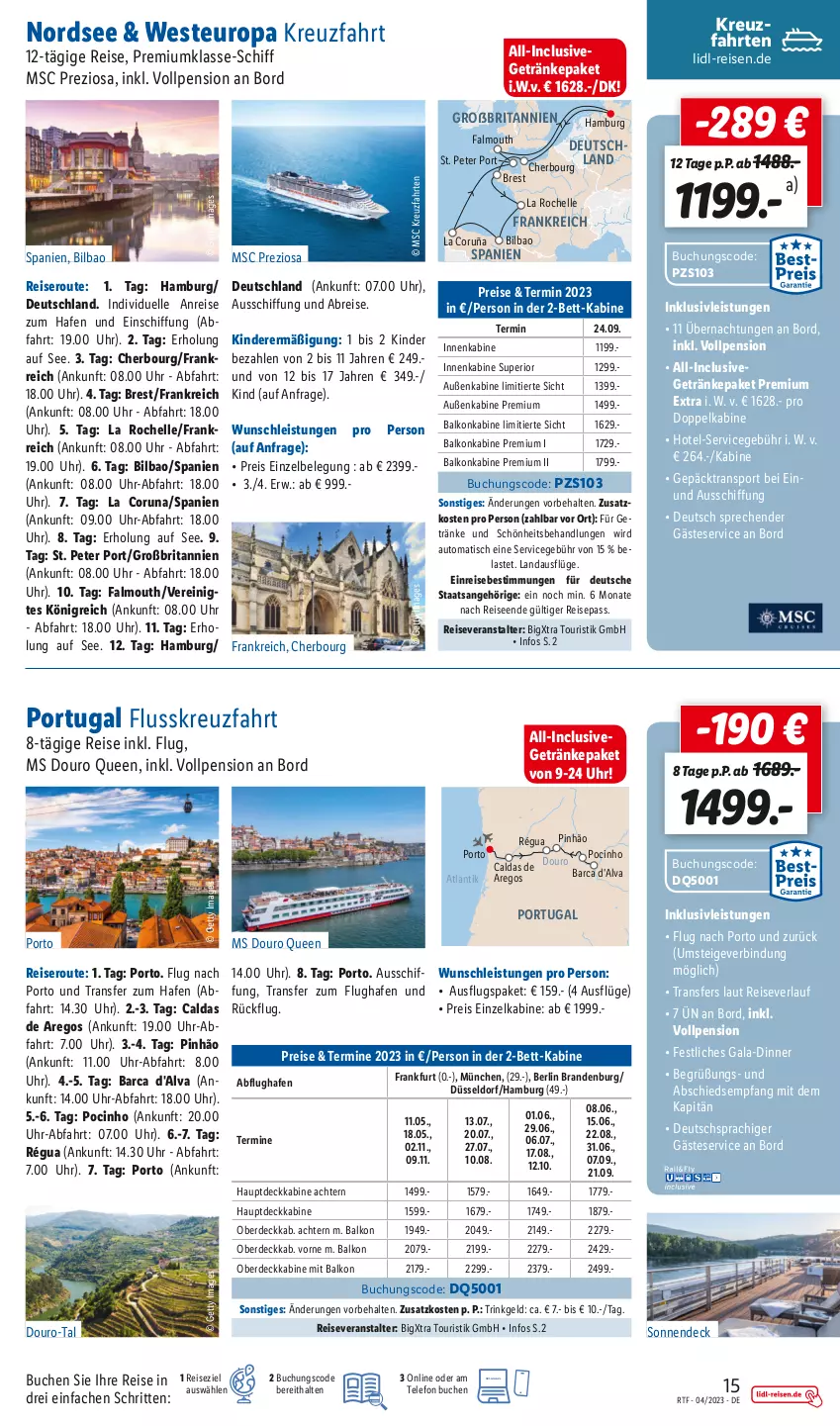 Aktueller Prospekt Lidl - Themenflyer April 2023 - von 12.04 bis 30.04.2023 - strona 15 - produkty: auto, balkonkabine, bett, Brei, brita, buch, cin, eis, elle, erde, getränk, getränke, gin, HP, inklusivleistungen, Kinder, kreuzfahrten, Nordsee, reis, reiseveranstalter, reiseverlauf, Sport, telefon, Ti, tisch, uhr, Weste