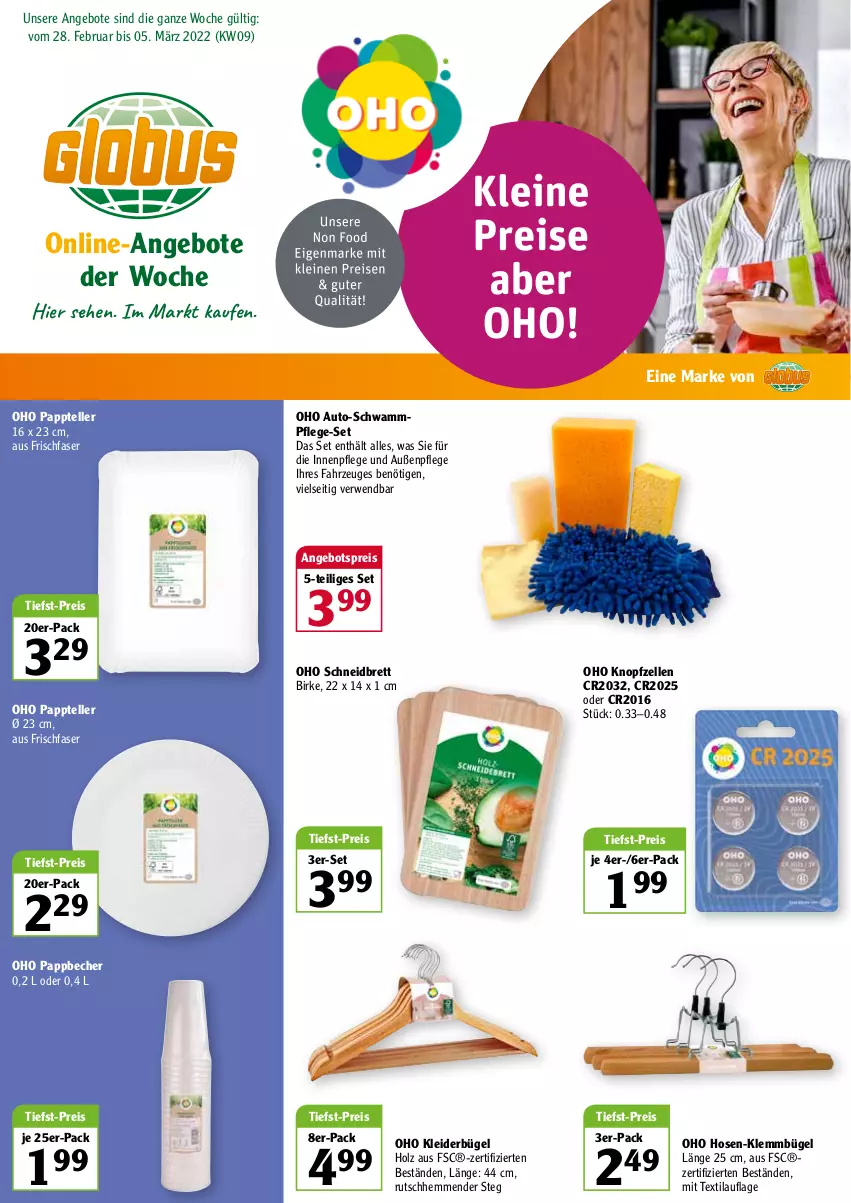 Aktueller Prospekt Globus - Prospekte - von 28.02 bis 05.03.2022 - strona 1 - produkty: angebot, angebote, angebotspreis, auto, Becher, bügel, eis, elle, Holz, hose, hosen, kleid, kleider, kleiderbügel, Pappbecher, reis, rwe, schwamm, teller, Ti, tiefst-preis