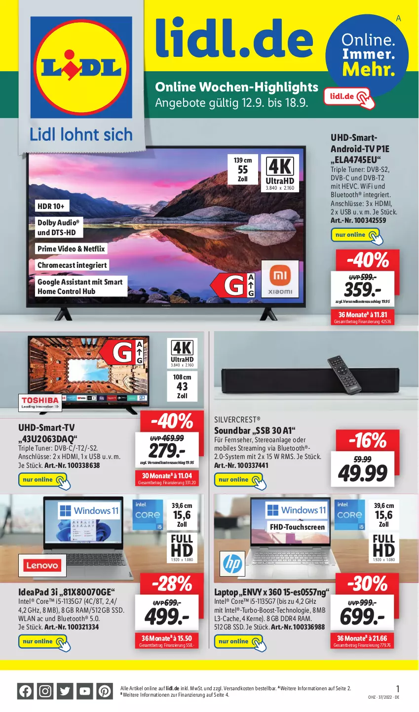 Aktueller Prospekt Lidl - Wochen-Highlights im Onlineshop - von 12.09 bis 18.09.2022 - strona 1 - produkty: angebot, angebote, deo, dvb, dvb-s2, DVB-T, fernseher, HDMI, Intel, Laptop, ndk, netflix, silvercrest, soundbar, ssd, Ti, touchscreen, tuner, uhd, usb