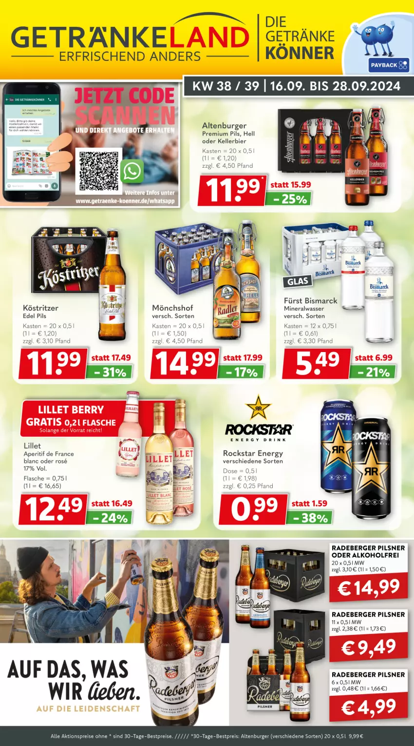 Aktueller Prospekt Getraenkeland - von 16.09 bis 28.09.2024 - strona 1 - produkty: aktionspreis, alkohol, altenburger, Alwa, angebot, angebote, aperitif, Berger, bestpreis, bestpreise, bier, bismarck, burger, drink, eis, elle, energy drink, flasche, getränk, getränke, kellerbier, köstritzer, leitz, lillet, mineralwasser, mönchshof, pils, pilsner, premium pils, radeberger, radeberger pilsner, reis, Rockstar, Ti, wasser