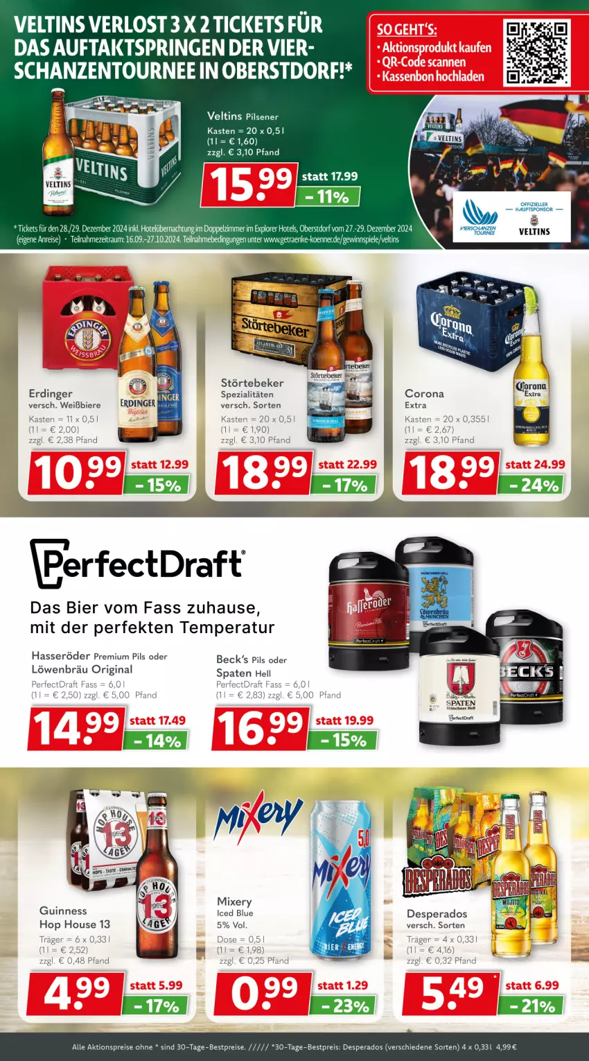 Aktueller Prospekt Getraenkeland - von 16.09 bis 28.09.2024 - strona 4 - produkty: aktionspreis, bestpreis, bestpreise, bier, Biere, corona, desperados, eis, elle, erdinger, gin, Guinness, hasseröder, Mixer, mixery, pils, pilsener, reis, ring, Spaten, Spezi, störtebeker, tee, Ti, veltins, veltins pilsener