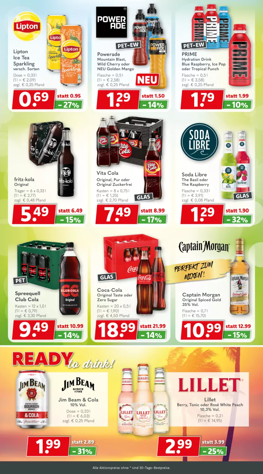 Aktueller Prospekt Getraenkeland - von 16.09 bis 28.09.2024 - strona 6 - produkty: aktionspreis, bestpreis, bestpreise, bourbon, bourbon whiskey, Cap, captain morgan, coca-cola, cola, drink, eis, flasche, gin, ice tea, jim beam, lillet, lipton, mango, original spiced gold, raspberry, reis, Soda, Spreequell, Ti, tonic, tuc, vita, Vita C, whiskey, Wild, zucker