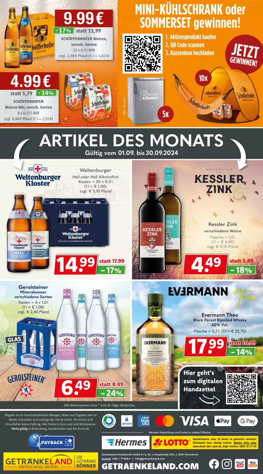 Aktueller Prospekt Getraenkeland - von 16.09 bis 28.09.2024 - strona 8 - produkty: abholpreise, aktionspreis, alkohol, Alwa, auer, bestpreis, bestpreise, black forest, burger, eis, Elan, flasche, gerolsteine, gerolsteiner, getränk, getränke, lack, mac, mineralwasser, reis, schöfferhofer, steiner, Ti, wasser, wein, weine, whisky