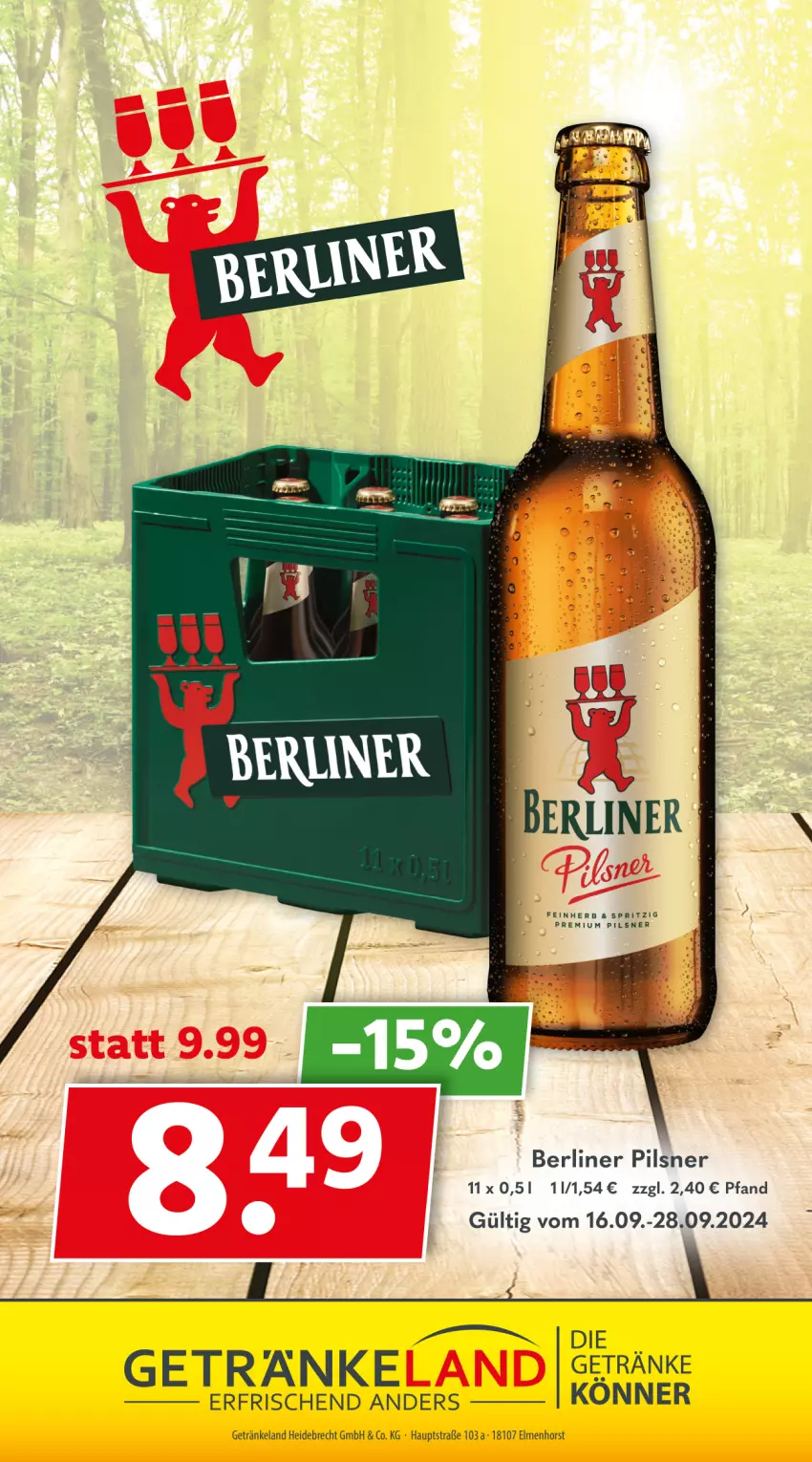 Aktueller Prospekt Getraenkeland - von 16.09 bis 28.09.2024 - strona 9 - produkty: berliner, Elan, getränk, getränke, pils, pilsner, premium pils, Ti