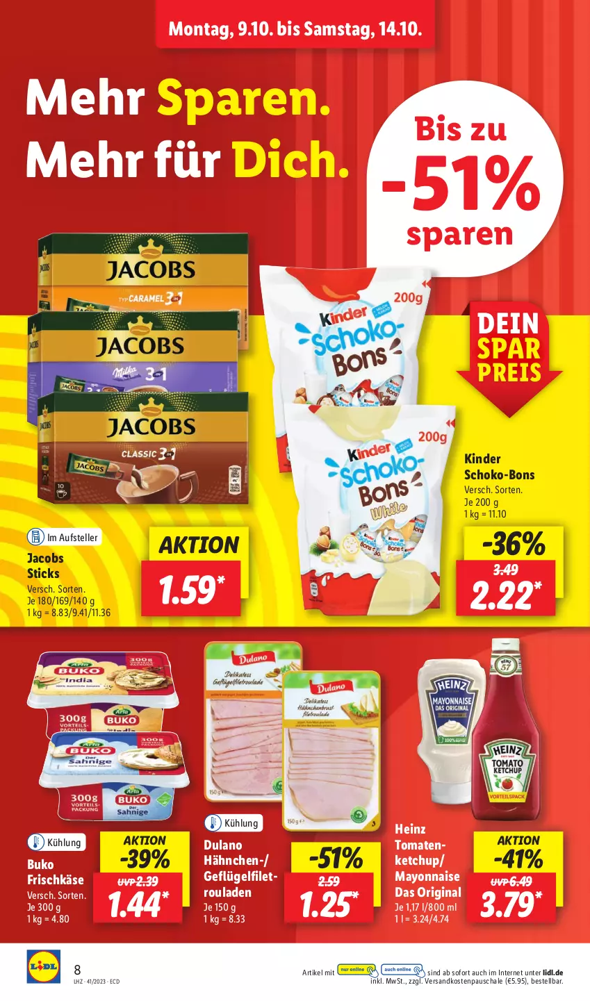 Aktueller Prospekt Lidl - Aktionsprospekt - von 09.10 bis 14.10.2023 - strona 10 - produkty: Buko, dulano, eis, elle, filet, frischkäse, Geflügel, gin, heinz, jacobs, Käse, ketchup, Kinder, mayonnaise, ndk, reis, rouladen, Schal, Schale, schoko, schoko-bons, teller, Ti, tomate, tomaten, tomatenketchup, Yo