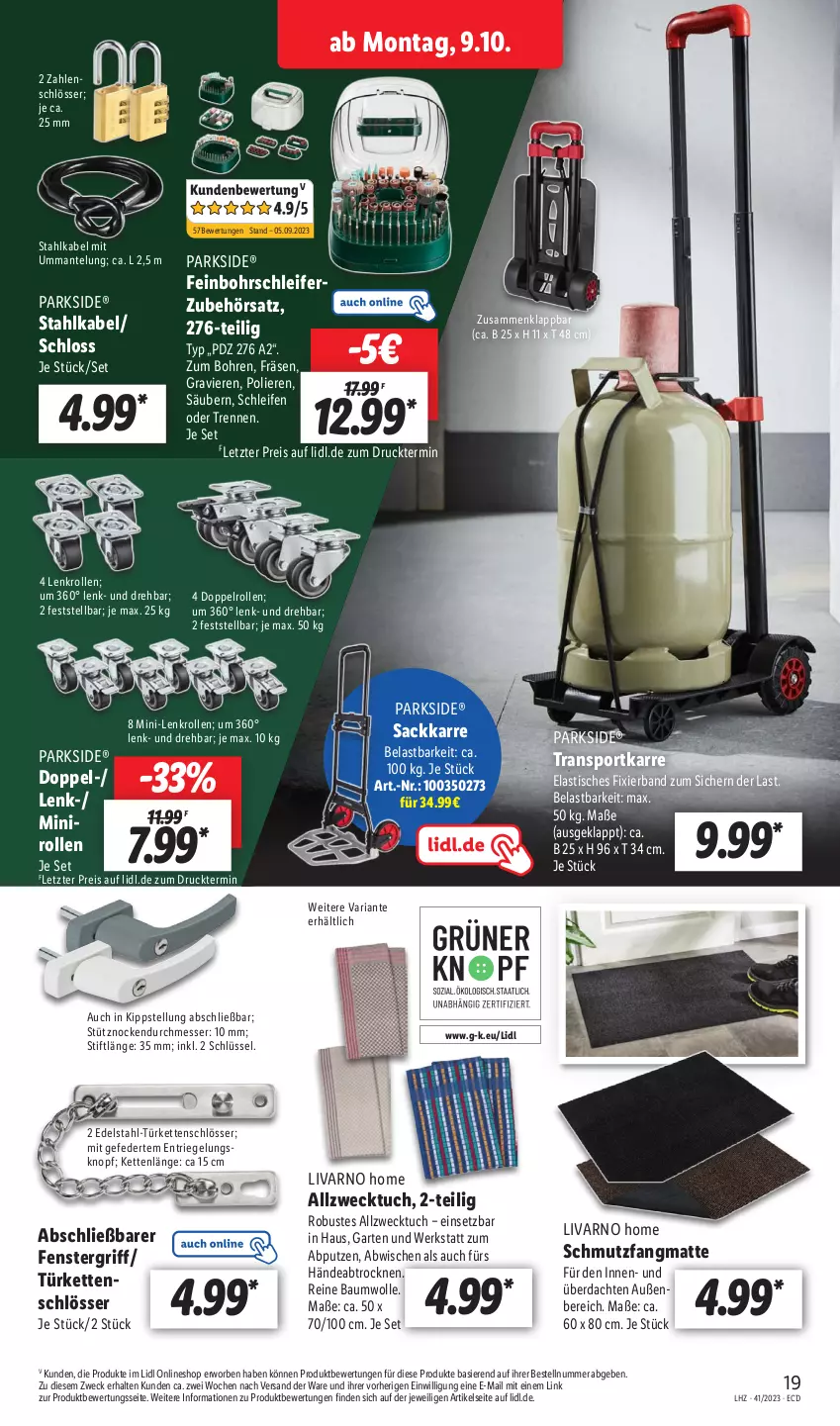 Aktueller Prospekt Lidl - Aktionsprospekt - von 09.10 bis 14.10.2023 - strona 29 - produkty: asti, Bau, baumwolle, edelstahl, eis, fenster, Garten, Kette, Mantel, messer, Parkside, reine baumwolle, reis, Ria, riegel, sac, schmutzfangmatte, Sport, Ti, tisch, transportkarre, tuc, weck, wolle, ZTE