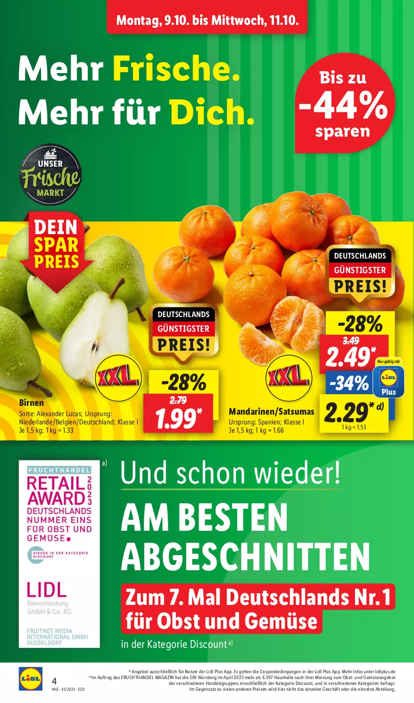 Aktueller Prospekt Lidl - Aktionsprospekt - von 09.10 bis 14.10.2023 - strona 4 - produkty: Abtei, alexa, angebot, Birnen, coupon, discount, eis, frucht, LG, magazin, mandarine, mandarinen, obst, Obst und Gemüse, pril, reis, schnitten, Ti, und gemüse