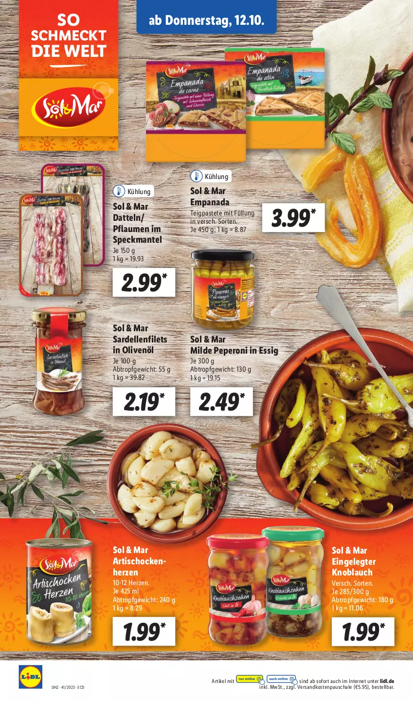 Aktueller Prospekt Lidl - Aktionsprospekt - von 09.10 bis 14.10.2023 - strona 50 - produkty: Artischocken, Datteln, dell, elle, essig, filet, filets, in olivenöl, knoblauch, Mantel, ndk, olive, oliven, olivenöl, pastete, peperoni, Peroni, pflaume, pflaumen, Sardellen, Schal, Schale, Speck, Ti, tisch