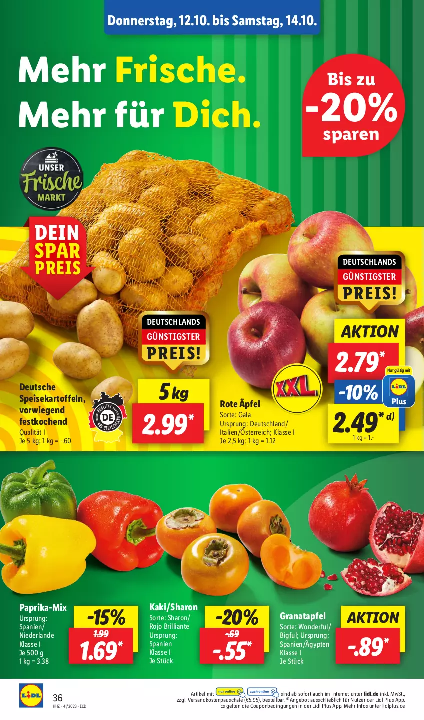 Aktueller Prospekt Lidl - Aktionsprospekt - von 09.10 bis 14.10.2023 - strona 52 - produkty: angebot, apfel, coupon, eis, grana, granatapfel, Kaki, kartoffel, kartoffeln, ndk, paprika, Rana, reis, Schal, Schale, speisekartoffeln, Ti