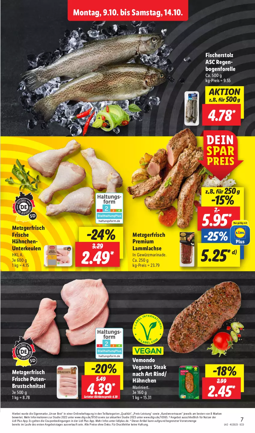 Aktueller Prospekt Lidl - Aktionsprospekt - von 09.10 bis 14.10.2023 - strona 7 - produkty: aktionspreis, angebot, brot, coupon, eis, elle, fisch, fische, Fischer, forelle, Frische Hähnchen, gewürz, lachs, lamm, lammlachse, marinade, pute, putenbrust, reis, rel, rind, schnitzel, steak, Ti, ZTE