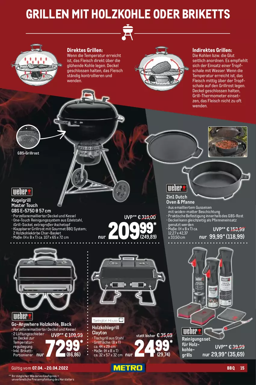 Aktueller Prospekt Metro - BBQ & Grill Spezial - von 07.04 bis 20.04.2022 - strona 15 - produkty: briketts, decke, Deckel, edelstahl, eis, elle, erde, grill, grillfläche, grillrost, Holz, holzkohle, holzkohlegrill, Kohlegrill, Kugel, kugelgrill, lack, LG, pfanne, pfannen, Reinigung, reis, teller, Ti, tisch, tischgrill, topf