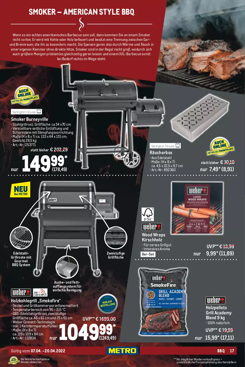 Aktueller Prospekt Metro - BBQ & Grill Spezial - von 07.04 bis 20.04.2022 - strona 17 - produkty: barbecue, decke, Deckel, edelstahl, eis, elle, grill, grillfläche, grillrost, Holz, holzkohle, holzkohlegrill, Holzpellets, Kefir, kirsch, Kohlegrill, LG, mac, Pellets, Rauch, Reinigung, reis, teller, Ti, weber, wrap, wraps