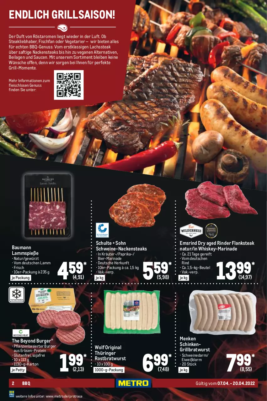 Aktueller Prospekt Metro - BBQ & Grill Spezial - von 07.04 bis 20.04.2022 - strona 2 - produkty: Bau, beutel, bier, bratwurst, burger, eis, ente, erbsen, fisch, Flanksteak, fleisch, gewürz, gin, grill, grillbratwurst, ilag, kräuter, lachs, lamm, Lammspieße, marinade, Metro, Nackensteak, nackensteaks, natur, nuss, original thüringer, paprika, pflanze, pflanzen, rind, rinder, ring, rostbratwurst, saft, sauce, saucen, schinken, schwein, schweine, soja, steak, steaks, thüringer rostbratwurst, Ti, Vegeta, wein, weine, whiskey, wurst, Yo