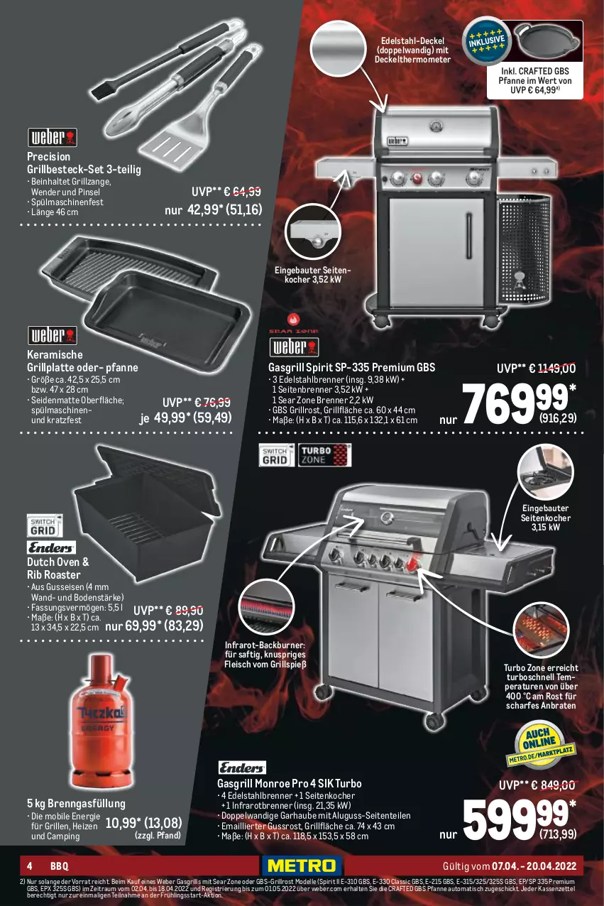 Aktueller Prospekt Metro - BBQ & Grill Spezial - von 07.04 bis 20.04.2022 - strona 4 - produkty: auto, Bau, besteck, besteck-set, bosch, braten, decke, Deckel, dell, edelstahl, eis, elle, ente, fleisch, gasgrill, grill, grillfläche, grillplatte, grillrost, grillzange, Kocher, latte, Mode, pfanne, Pinsel, saft, spülmaschinen, thermometer, Ti, tisch, weber