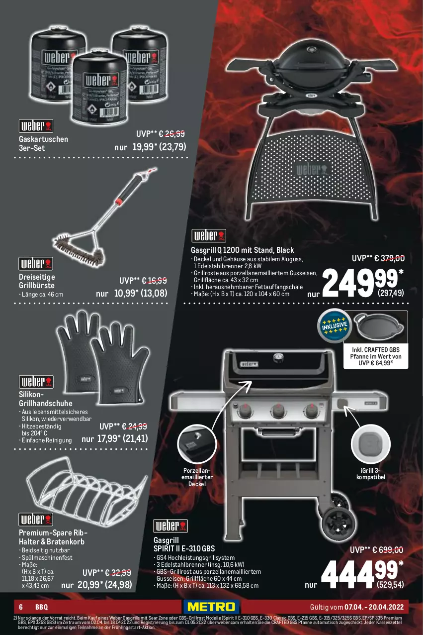 Aktueller Prospekt Metro - BBQ & Grill Spezial - von 07.04 bis 20.04.2022 - strona 6 - produkty: auto, braten, bürste, decke, Deckel, dell, edelstahl, eis, elle, gasgrill, grill, grillfläche, Grillhandschuhe, grillrost, handschuhe, korb, lack, lebensmittel, Mode, pfanne, Reinigung, reis, rwe, Schal, Schale, schuhe, spülmaschinen, Ti, tisch, weber