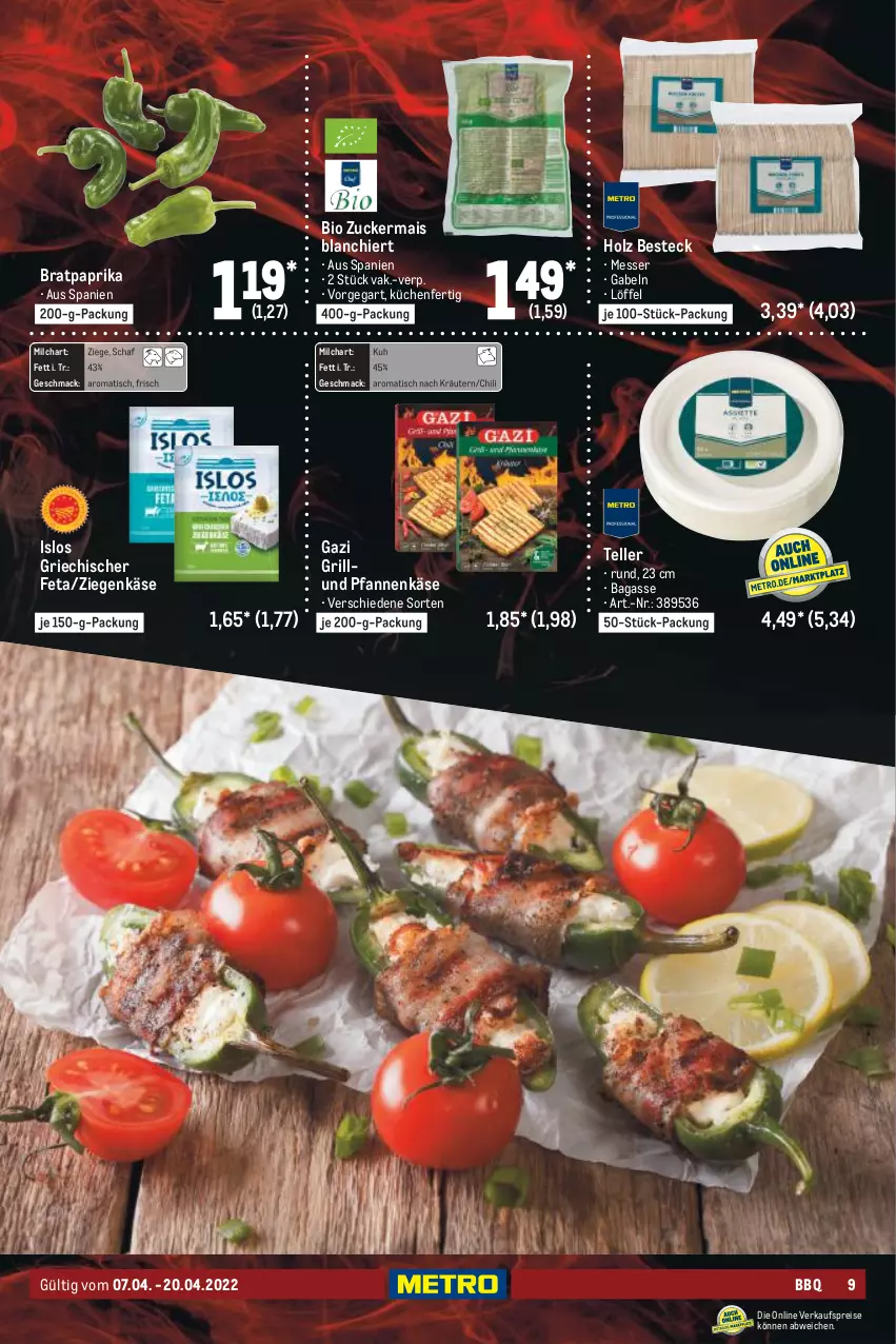 Aktueller Prospekt Metro - BBQ & Grill Spezial - von 07.04 bis 20.04.2022 - strona 9 - produkty: besteck, bio, chili, eis, elle, feta, gabel, grill, Holz, Käse, kräuter, kräutern, küche, Küchen, Löffel, mac, mais, messer, milch, paprika, pfanne, pfannen, pfannenkäse, reis, teller, Ti, tisch, und pfanne, ziegenkäse, zucker, zuckermais