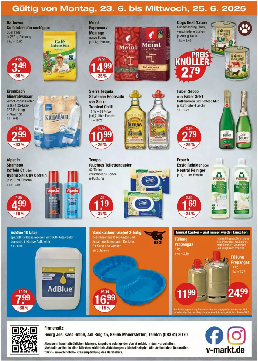Aktueller Prospekt Vmarkt - Prospekte - von 20.06 bis 25.06.2025 - strona 20 - produkty: alle artikel ohne dekoration, alpecin, Alwa, angebot, angebote, auer, bohne, cin, coffein, darbo, darboven, dekoration, dell, Diesel, ecco, eis, Elan, espresso, essig, feuchtes toilettenpapier, flasche, Frosch, hundenahrung, kaes, krumbach, LG, mineralwasser, Mode, natur, papier, reiniger, ring, rum, sekt, shampoo, Sierra, sierra tequila, Spezi, telefon, Tempo, tequila, Ti, toilettenpapier, tücher, wasser