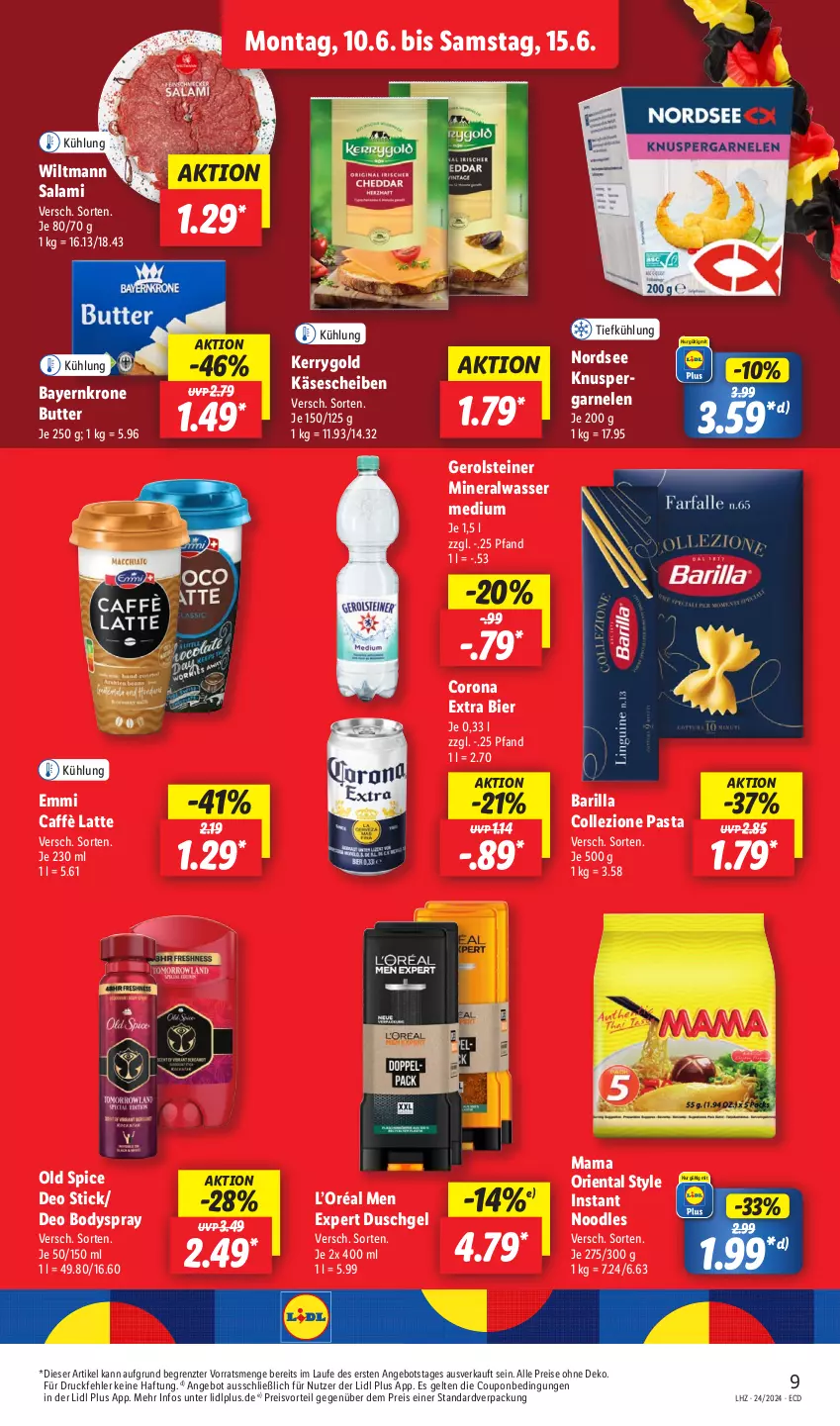 Aktueller Prospekt Lidl - Aktionsprospekt - von 10.06 bis 15.06.2024 - strona 11 - produkty: Alwa, angebot, barilla, bier, body, bodyspray, butter, caffè latte, corona, corona extra, coupon, deo, duschgel, eis, emmi, garnelen, gerolsteine, gerolsteiner, Käse, käsescheiben, kerrygold, krone, latte, mam, mineralwasser, Mineralwasser Medium, Nordsee, Old Spice, pasta, preisvorteil, reis, salami, steiner, Ti, wasser, wiltmann, ZTE