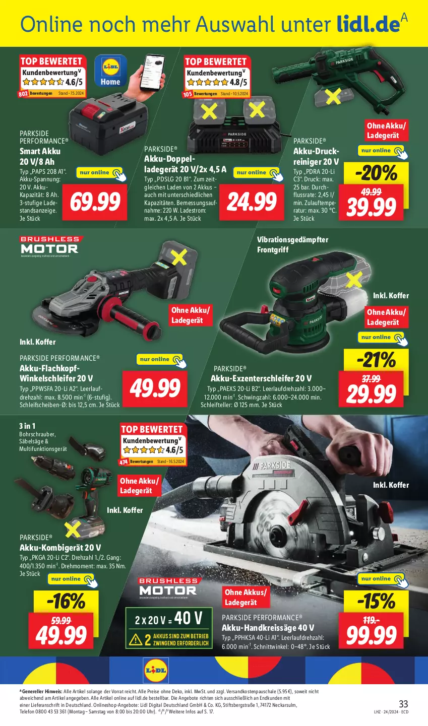 Aktueller Prospekt Lidl - Aktionsprospekt - von 10.06 bis 15.06.2024 - strona 39 - produkty: akku, Akku-Exzenterschleifer, Akku-Handkreissäge, angebot, angebote, Bohrschrauber, bürste, bürsten, eis, elle, ente, Handkreissäge, heckenschere, koffer, ladegerät, LG, ndk, Parkside, reiniger, reis, reiss, rel, Säbelsäge, säge, Schal, Schale, Schere, telefon, teller, Ti, torte, uhr, Winkelschleifer