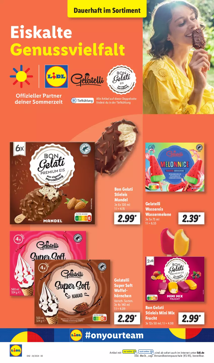 Aktueller Prospekt Lidl - Aktionsprospekt - von 10.06 bis 15.06.2024 - strona 48 - produkty: auer, Bon Gelati, eis, frucht, Gelatelli, hörnchen, mandel, melone, ndk, nuss, reis, Schal, Schale, stieleis, Ti, Waffelhörnchen, wasser, wassereis, wassermelone, Yo