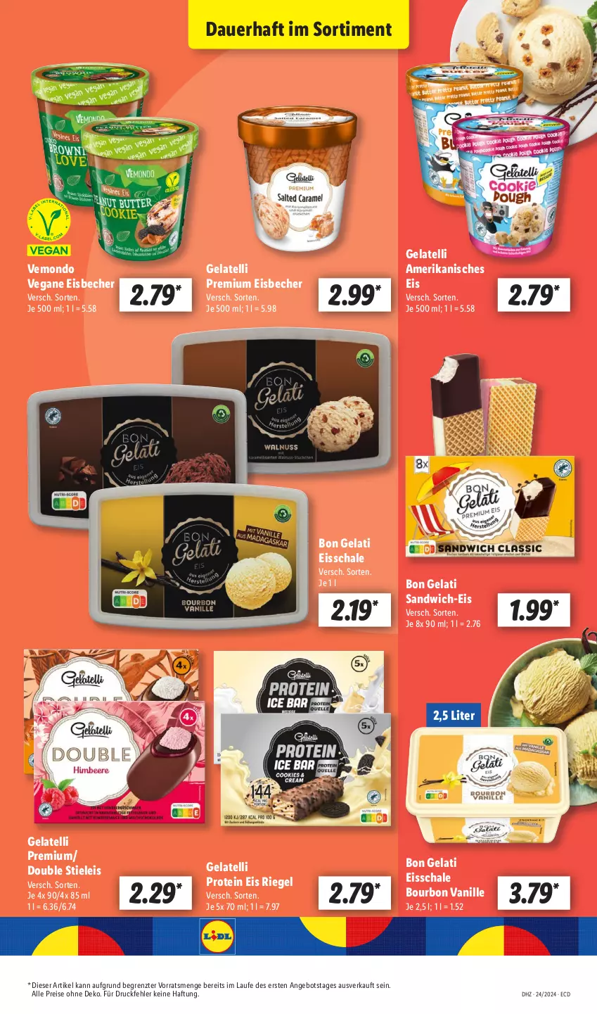 Aktueller Prospekt Lidl - Aktionsprospekt - von 10.06 bis 15.06.2024 - strona 49 - produkty: angebot, auer, Becher, Bon Gelati, bourbon, bourbon vanille, eis, eisbecher, Gelatelli, reis, riegel, sandwich, Schal, Schale, stieleis, Ti, vanille, ZTE