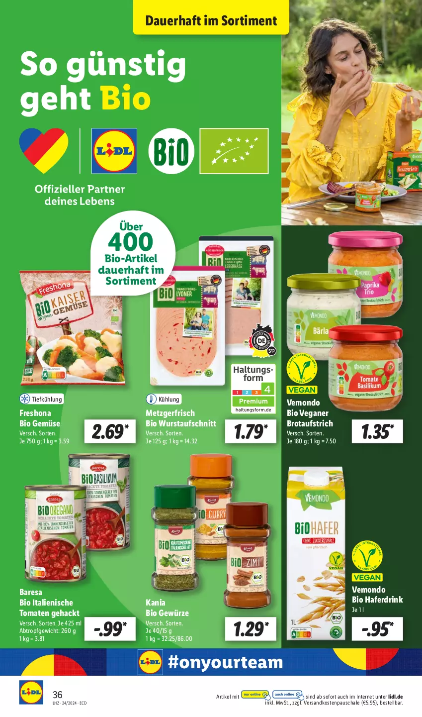 Aktueller Prospekt Lidl - Aktionsprospekt - von 10.06 bis 15.06.2024 - strona 50 - produkty: auer, aufschnitt, aufstrich, bio, bio gemüse, brot, brotaufstrich, drink, gewürz, hafer, Haferdrink, ndk, resa, Schal, Schale, Ti, tomate, tomaten, wurst, Yo