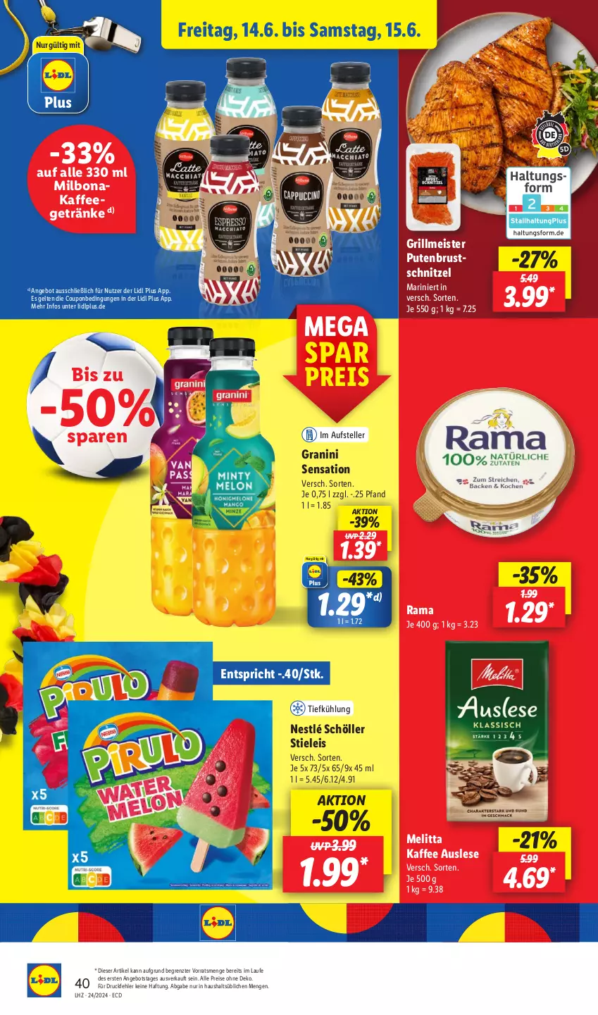 Aktueller Prospekt Lidl - Aktionsprospekt - von 10.06 bis 15.06.2024 - strona 54 - produkty: angebot, Bona, coupon, drucker, eis, elle, Engel, getränk, getränke, granini, grill, kaffee, kerze, Meister, melitta, Milbona, nestlé, nestlé schöller, papier, pute, putenbrust, rama, reis, schnitzel, Schöller, stieleis, teller, Ti, ZTE