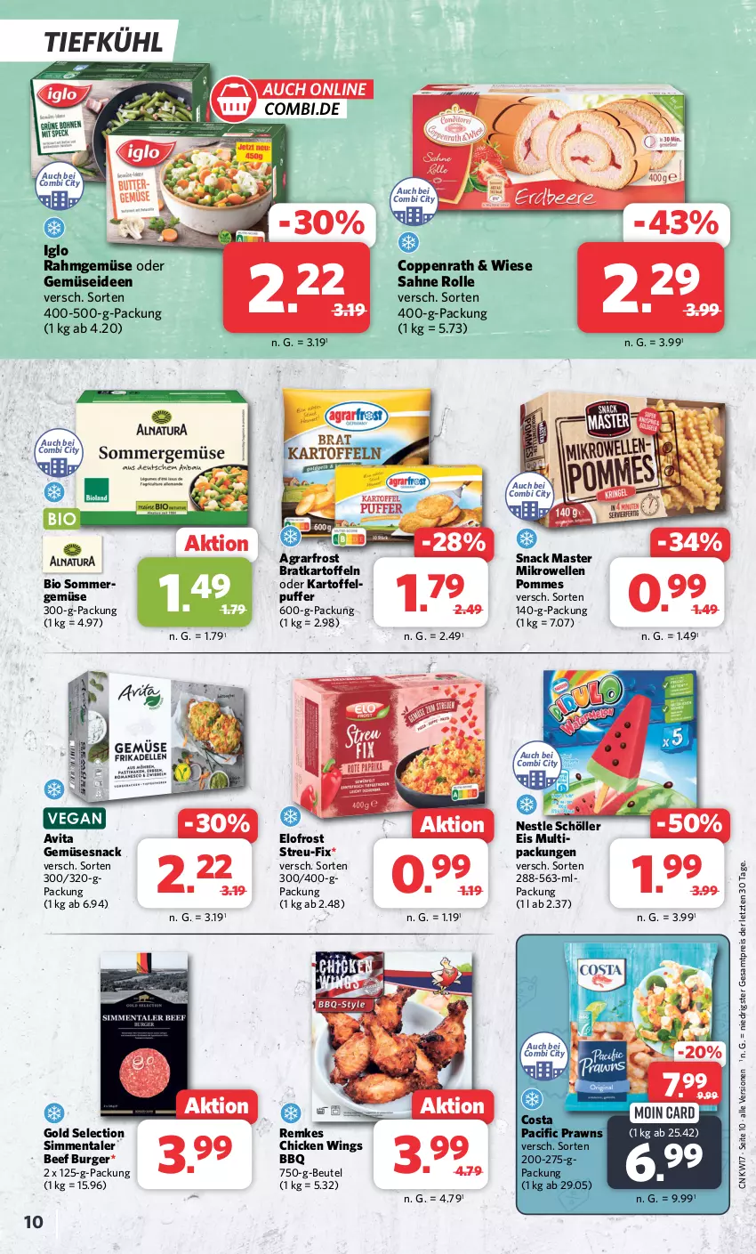 Aktueller Prospekt Combi - Prospekte - von 22.04 bis 27.04.2024 - strona 10 - produkty: agrarfrost, beef, beutel, bio, burger, chicken wings, Cif, coppenrath, eis, elle, iglo, kartoffel, kartoffeln, kartoffelpuffer, mikrowelle, pommes, prawns, Rahmgemüse, reis, sahne, Schöller, sim, snack, Ti, vita, ZTE