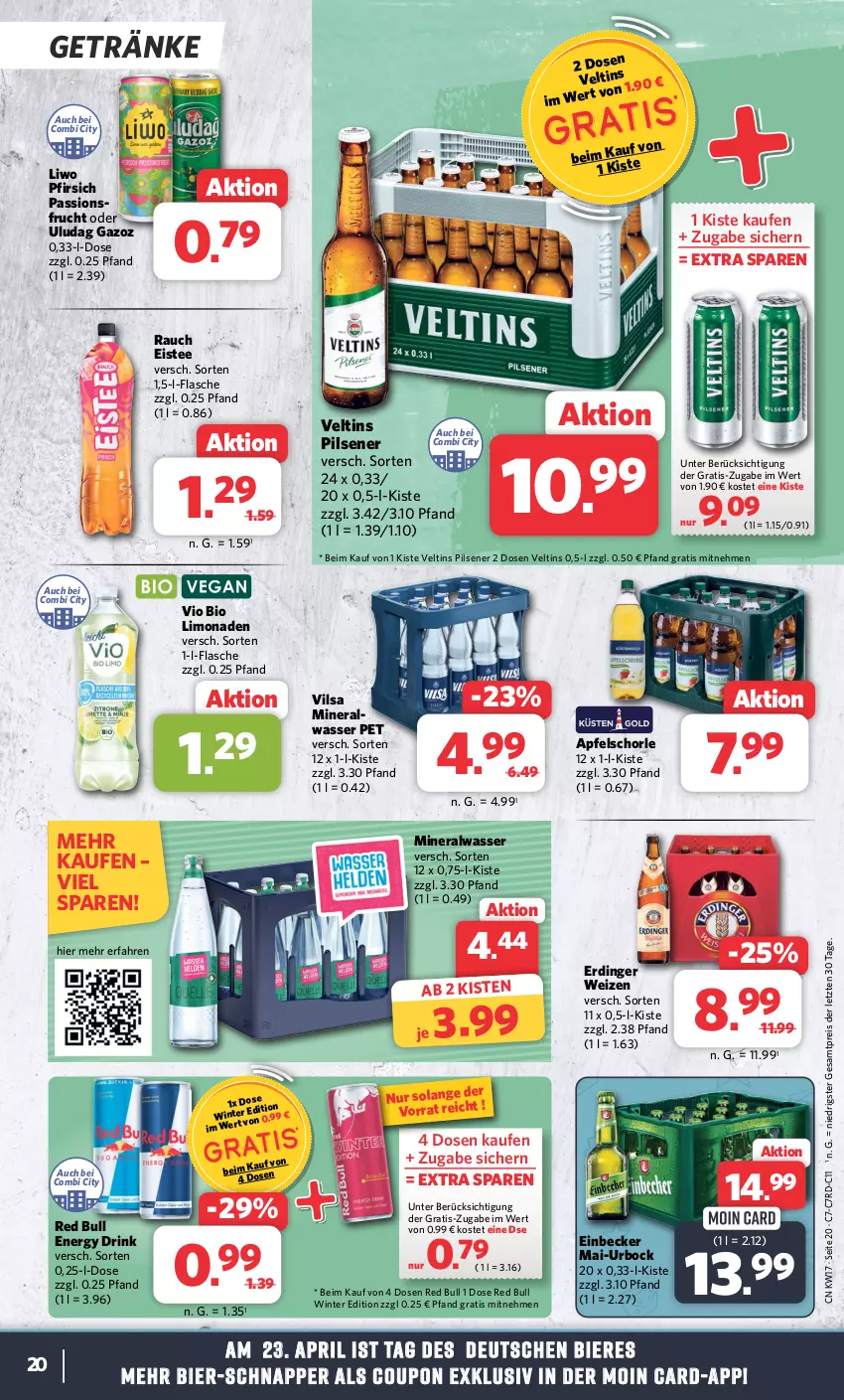 Aktueller Prospekt Combi - Prospekte - von 22.04 bis 27.04.2024 - strona 20 - produkty: Alwa, apfel, Apfelschorle, bier, Biere, bio, bio limo, coupon, drink, eis, eistee, energy drink, erdinger, flasche, frucht, getränk, getränke, limo, limonade, limonaden, mineralwasser, pfirsich, pils, pilsener, pril, Rauch, red bull, reis, schorle, tee, Ti, veltins, veltins pilsener, vilsa, vio bio limo, wasser, ZTE