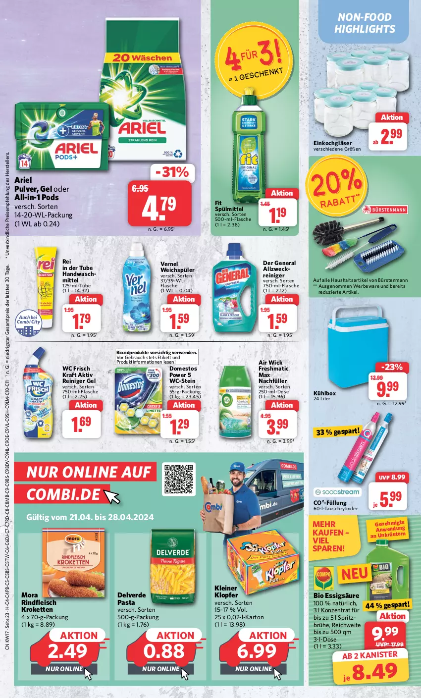 Aktueller Prospekt Combi - Prospekte - von 22.04 bis 27.04.2024 - strona 23 - produkty: Air Wick, ariel, bio, biozidprodukte, Brühe, bürste, bürsten, bürstenmann, domestos, eis, elle, erde, essig, flasche, fleisch, Gläser, Kette, kleiner klopfer, kraft, kräuter, kräutern, Kroketten, kühlbox, leine, pasta, Pods, Rauch, reiniger, reiniger gel, reis, rind, rindfleisch, rwe, spülmittel, teller, Ti, vernel, wc frisch, WC Frisch Kraft Aktiv, weck, weichspüler, WICK, ZTE