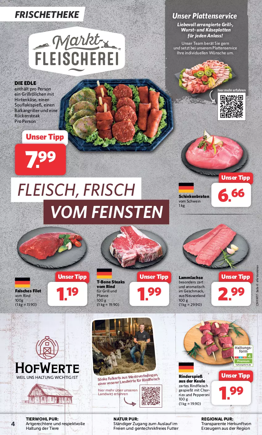 Aktueller Prospekt Combi - Prospekte - von 22.04 bis 27.04.2024 - strona 4 - produkty: braten, eis, Elan, elle, ente, Falsches Filet, filet, fleisch, für grill und pfanne, grill, grill und pfanne, hirtenkäse, Käse, lachs, lamm, lammlachse, latte, mac, natur, Peroni, pfanne, rind, rinder, rindfleisch, Rückensteak, schinken, schinkenbraten, schwein, steak, steaks, T-Bone Steak, Ti, Tiere, tisch, und pfanne, wein, wurst