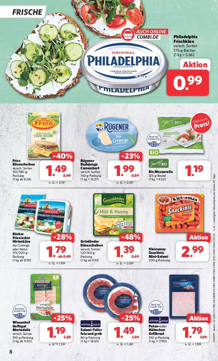 Aktueller Prospekt Combi - Prospekte - von 22.04 bis 27.04.2024 - strona 8 - produkty: Bad, Becher, beutel, bio, camembert, dell, eis, elle, frico, friesischer hirtenkäse, frischkäse, Geflügel, grill, grünländer, hirtenkäse, Käse, käsescheiben, leine, Mini-Salami, mortadella, mozzarella, natur, philadelphia, pute, reis, rel, Rügener, rügener badejunge, salami, salami-teller, snack, teller, Ti, wiesenhof, ZTE