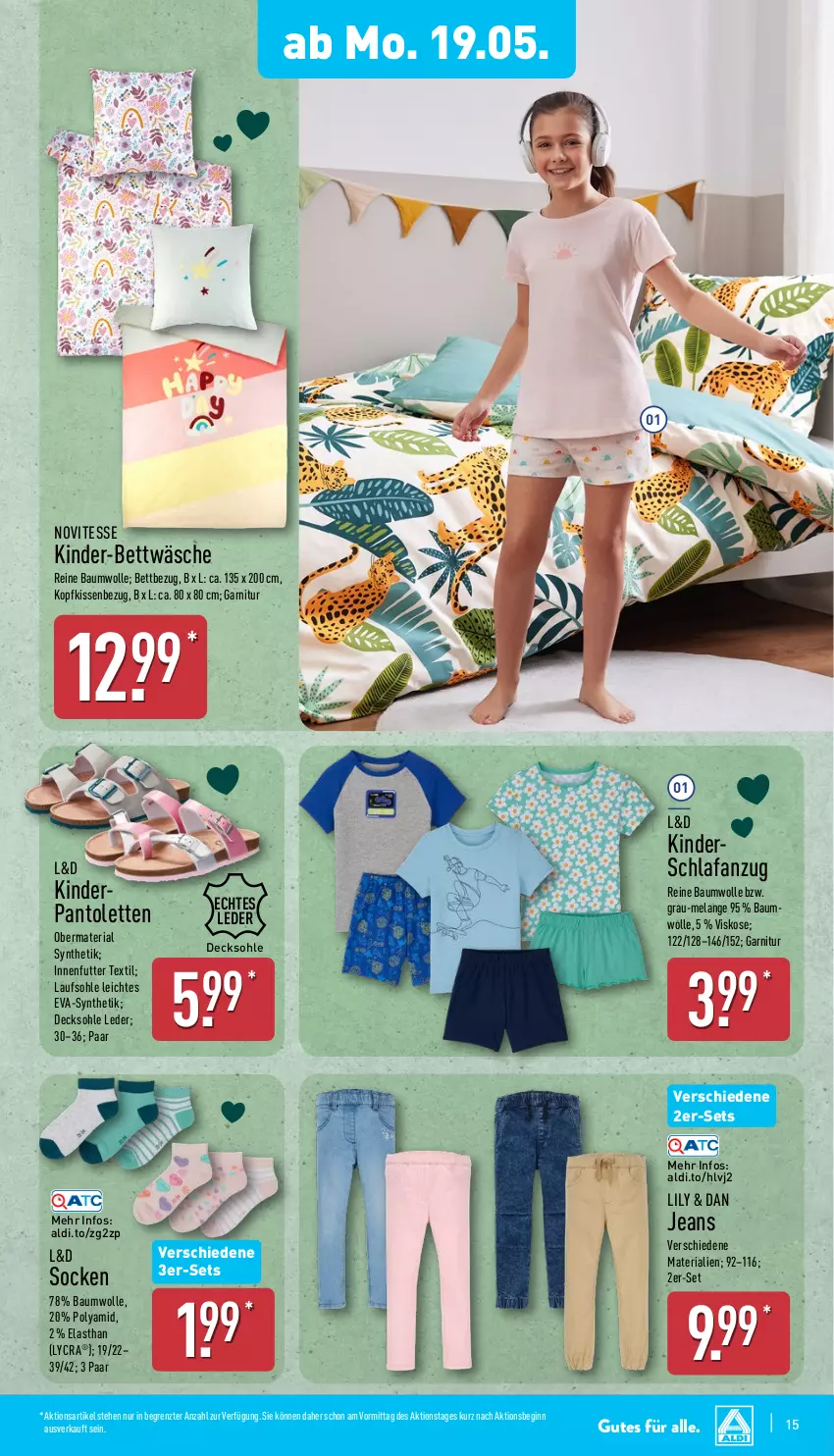 Aktueller Prospekt Aldi Nord - Von Montag - von 19.05 bis 24.05.2025 - strona 19 - produkty: aldi, Anzug, Bau, baumwolle, bett, bettwäsche, decksohle, Elan, garnitur, gin, jeans, Kinder, kissen, Kissenbezug, kopfkissen, kopfkissenbezug, obermaterial synthetik, pantolette, pantoletten, reine baumwolle, Ria, Schlafanzug, socken, Ti, wolle, ZTE