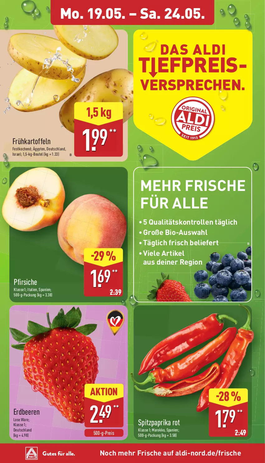 Aktueller Prospekt Aldi Nord - Von Montag - von 19.05 bis 24.05.2025 - strona 2 - produkty: aldi, beere, beeren, beutel, bio, eis, erdbeere, erdbeeren, Frühkartoffeln, kartoffel, kartoffeln, paprika, paprika rot, pfirsich, pfirsiche, reis, Spitzpaprika, Ti
