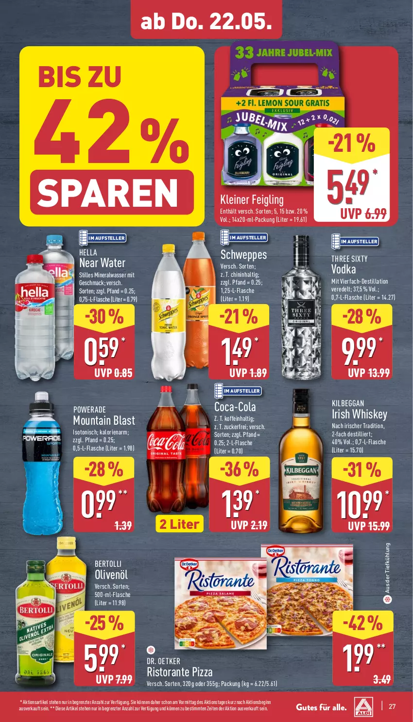 Aktueller Prospekt Aldi Nord - Von Montag - von 19.05 bis 24.05.2025 - strona 31 - produkty: Alwa, aus der tiefkühlung, bertolli, coca-cola, cola, Dr. Oetker, elle, flasche, gin, hella, irish whiskey, kilbeggan, kleiner feigling, leine, mac, mineralwasser, olive, oliven, olivenöl, pizza, ristorante, ristorante pizza, schweppes, teller, Three Sixty, Ti, vodka, wasser, whiskey, ZTE, zucker