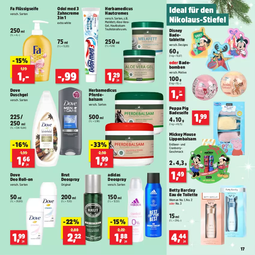 Aktueller Prospekt Thomas Philipps - von 18.11 bis 23.11.2024 - strona 17 - produkty: Adidas, Bad, balsam, bett, brut, cranberry, creme, deo, deo roll-on, deospray, disney, dove, duschgel, eau de toilette, erde, flüssigseife, gin, Lippenbalsam, mac, Odol, odol med, Peppa Pig, roll-on, Seife, tablet, tablett, Tablette, Ti, zahncreme