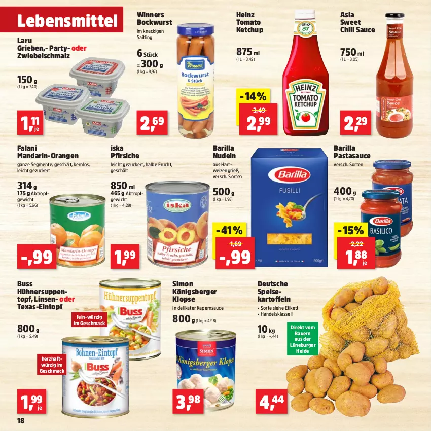 Aktueller Prospekt Thomas Philipps - von 18.11 bis 23.11.2024 - strona 18 - produkty: auer, barilla, Bau, Bauer, Berger, bockwurst, burger, chili, eintopf, eis, ente, frucht, hartweizen, heinz, hühner, Hühnersuppe, kartoffel, kartoffeln, ketchup, Königsberger Klopse, lebensmittel, linsen, mac, malz, mandarin-orangen, nudel, nudeln, orange, orangen, pasta, pfirsich, pfirsiche, sauce, Schmalz, sim, speisekartoffeln, suppe, suppen, Ti, tomato ketchup, topf, wurst, zucker, zwiebel