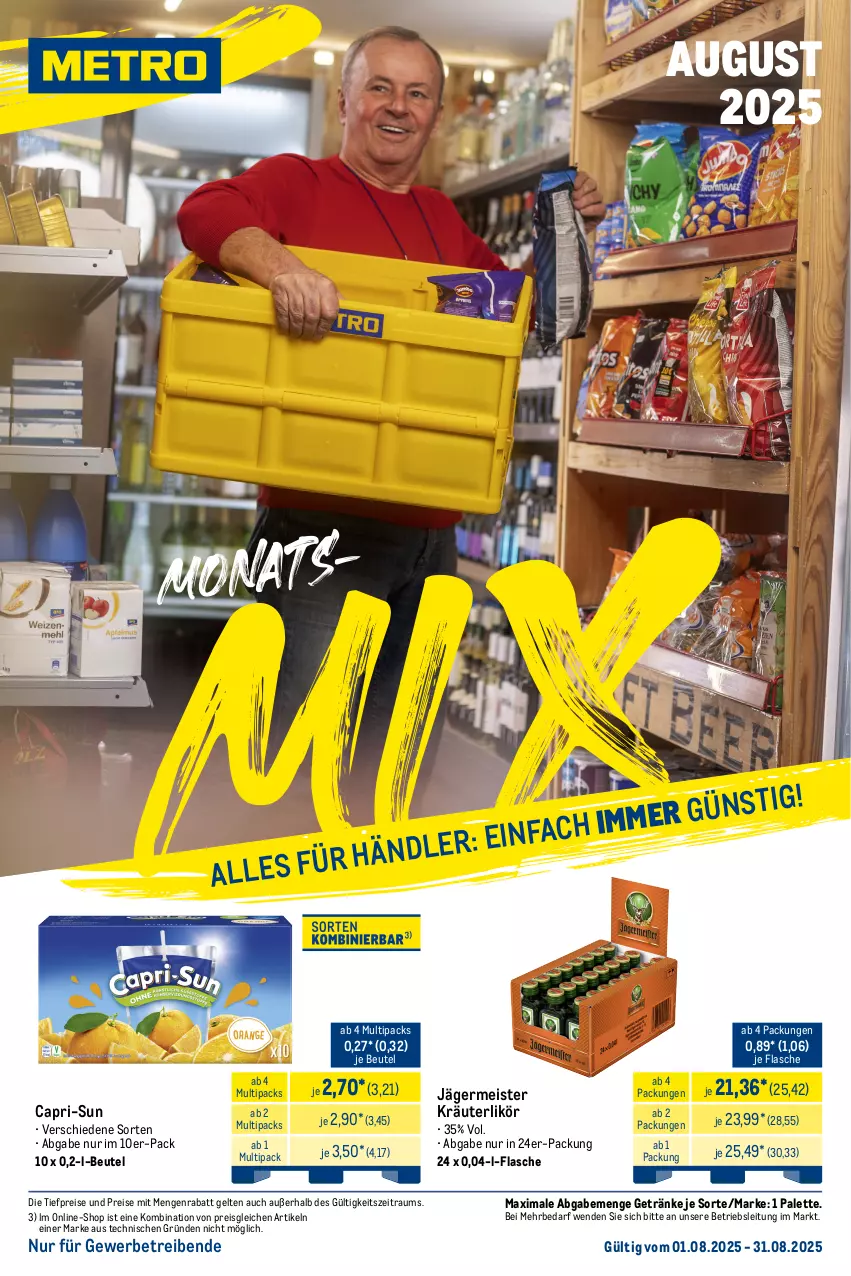Aktueller Prospekt Metro - Monats-Mix - von 01.08 bis 31.08.2025 - strona 1 - produkty: beutel, Cap, capri-sun, eis, flasche, Germ, getränk, getränke, jägermeister, kräuter, kräuterlikör, likör, Meister, Palette, reis, Ti, tiefpreis