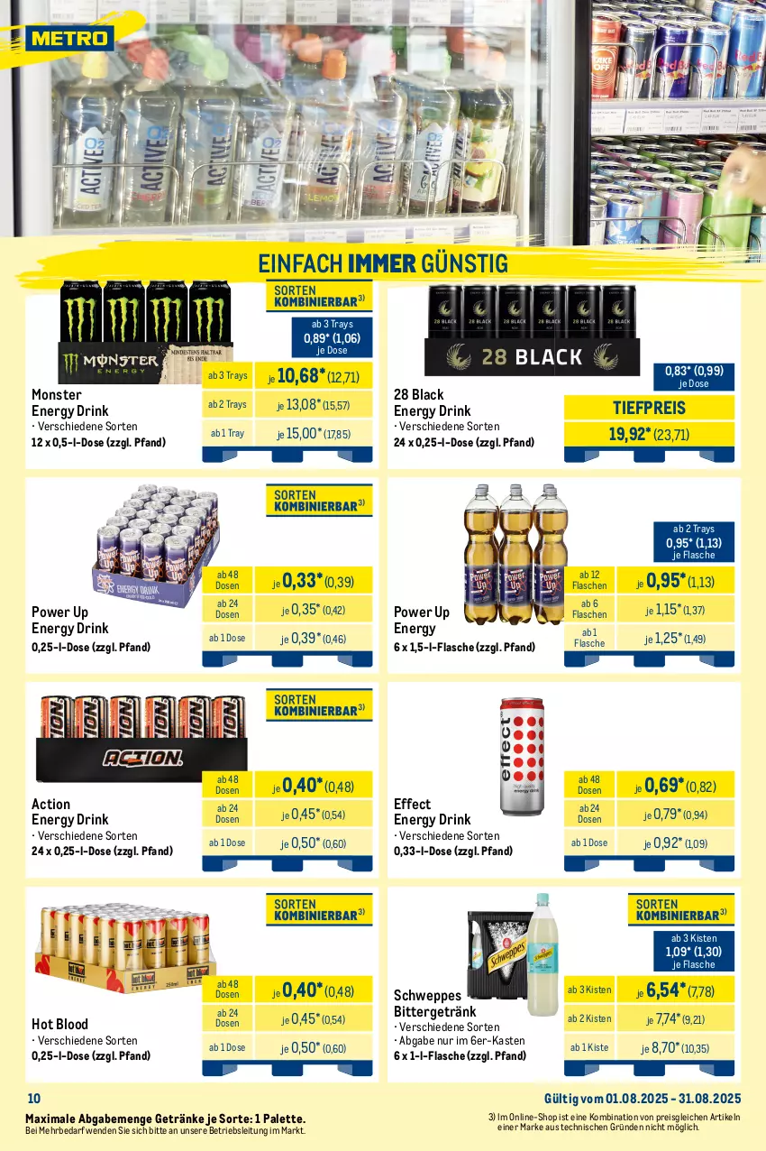 Aktueller Prospekt Metro - Monats-Mix - von 01.08 bis 31.08.2025 - strona 10 - produkty: Alwa, brunnen, drink, Effect, eis, eiskaffee, energy drink, flasche, gerolsteine, gerolsteiner, getränk, getränke, hochwald, kaffee, kakao, lack, milch, mineralwasser, monster, Monster Energy, Palette, reis, schweppes, steiner, Ti, tiefpreis, vita, volvic, wasser